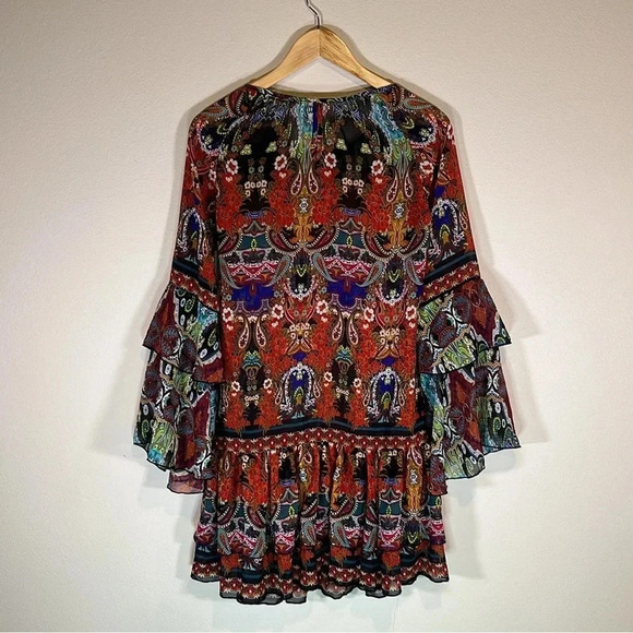 Venus Boho Print Ruffle Mini Dress Size XS Gypsy Hippie Summer Resortwear Vacay - Picture 4 of 7